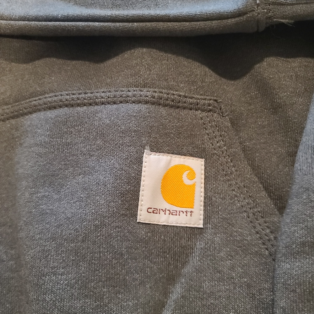 Carhartt Dark Gray Hoodie with Neon Yellow Sleeve Logo. H-5 - Picture 3 of 5